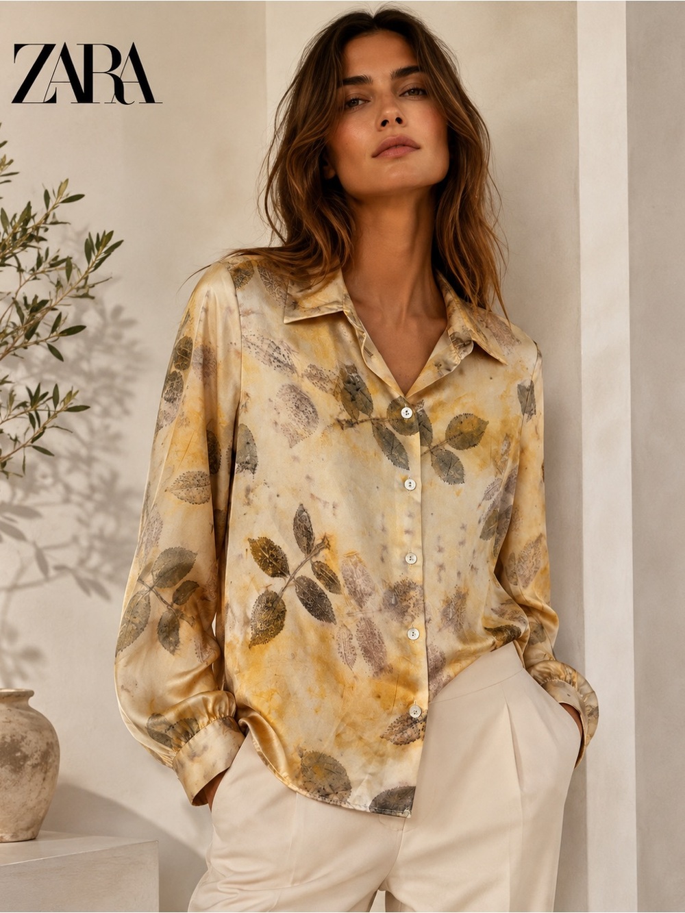 Zara XS Satin Botanical Leaf Print Button Front Blouse Long Sleeve Earthy Boho